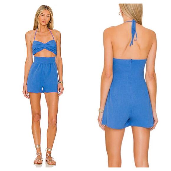 NWT SNDYS X Revolve Boat Linen Romper Size Medium Blue Cut Out Lightweight - Picture 1 of 11